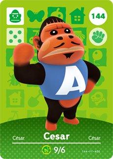 Nintendo amiibo-kaart Animal Crossing Cesar nummer 144 serie 2, voorkant met gorilla in blauw A-shirt, tweedehands