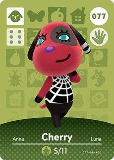 Nintendo amiibo kaart Cherry 077, Animal Crossing series 1, olijfgroene kaart voorkant, tweedehands