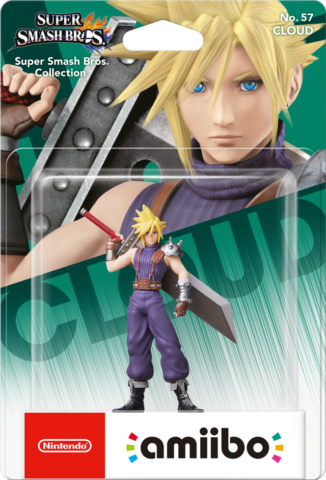 Nintendo amiibo Cloud nr. 57 Super Smash Bros. series, Cloud in paars pak met groot zwaard in blister, voorkant