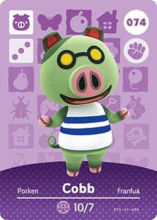 Nintendo amiibo kaart Cobb 074, Animal Crossing series 1, paarse kaart voorkant, tweedehands