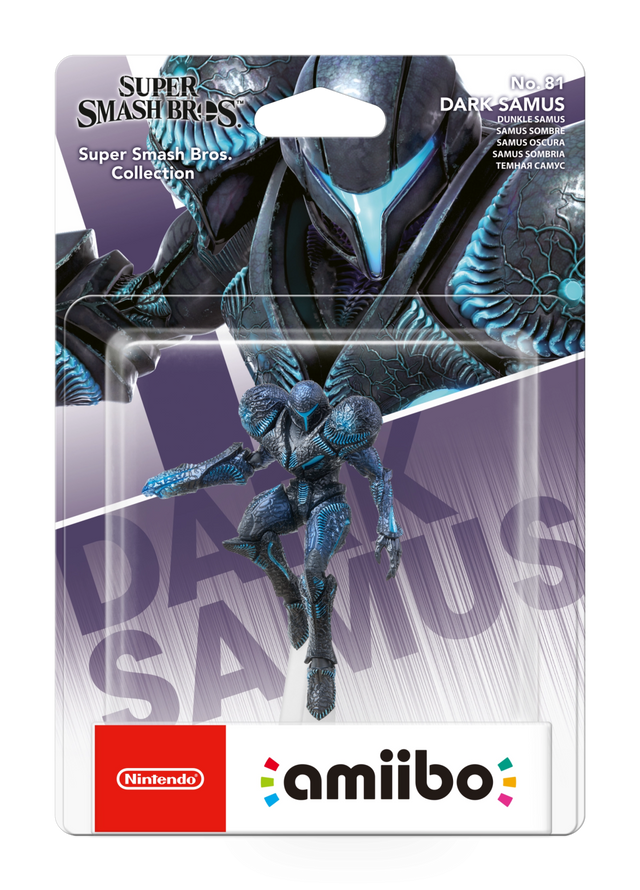 Nintendo amiibo Dark Samus nr. 81 Super Smash Bros. series, donkerblauw pantser met blauwe gloed in blister, voorkant
