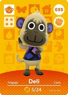 Nintendo amiibo-kaart Animal Crossing Deli nummer 035 serie 1, voorkant met aapje in paars geruit vest, tweedehands