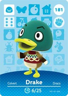 Nintendo amiibo kaart Animal Crossing Series 2 nr 181 Drake, blauwe kaart met eend Drake in ruitjestrui