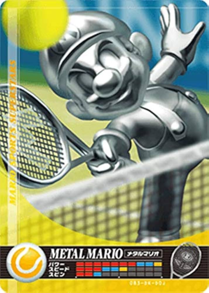 Nintendo amiibo-kaart Silver Metal Tennis Mario Mario Sports Superstars, voorkant met zilveren Mario met racket, tweedehands
