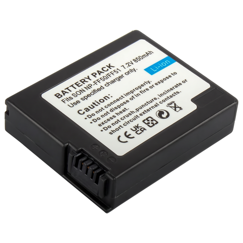 Accu voor Sony NP-FF50 en NP-FF51 850mAh, zwart, accu schuin van voren met label Battery Pack en contacten