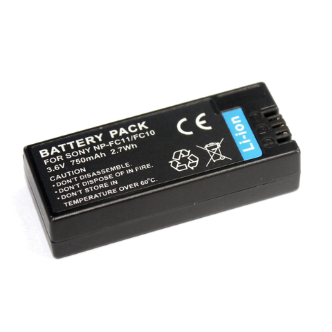 Accu voor Sony NP-FC10 en NP-FC11, Cyber-shot, 750 mAh, zwarte accu schuin met etiket For Sony NP-FC11/FC10