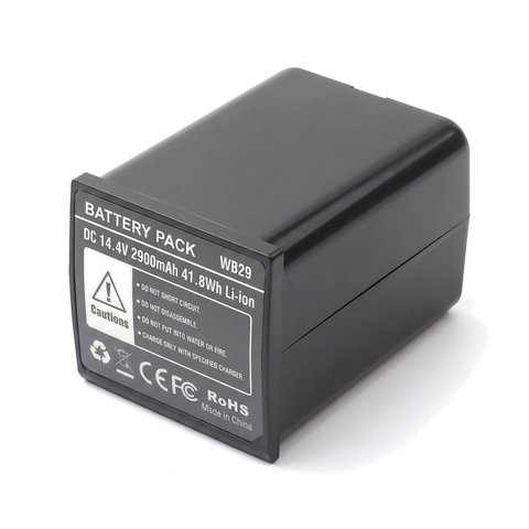 Accu voor Godox WB29, AD200 en AD200Pro, 2900 mAh, zwarte accu schuin met etiket Battery Pack WB29