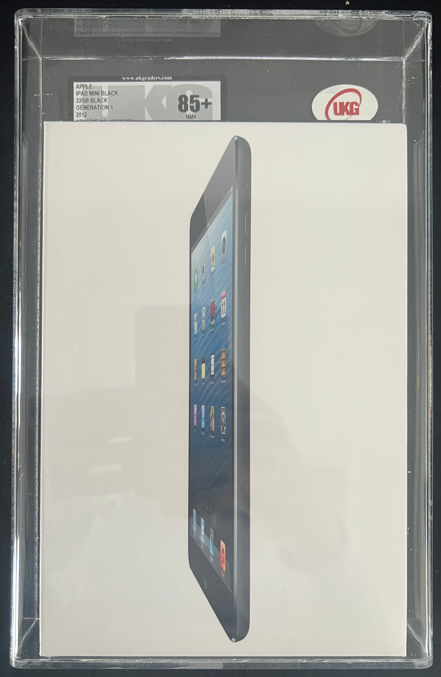 Apple iPad Mini 1 32GB Wi-Fi, space grey, doos in UKG-gradinghouder, vooraanzicht, nieuw in verpakking