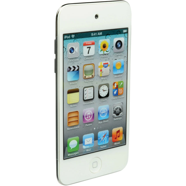 Apple iPod Touch 4e generatie 32 GB A1367, wit, schuin vooraanzicht met apps op het scherm