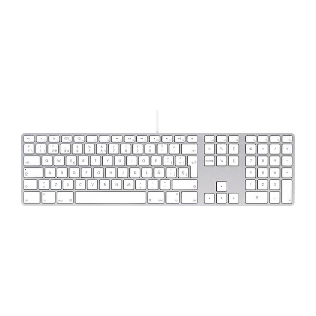 Apple numeriek bedraad toetsenbord A1243, zilver met witte toetsen, Spaanse QWERTY-indeling, bovenkant
