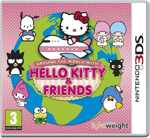 Nintendo 3DS Around the World with Hello Kitty and Friends, doos voorkant met Hello Kitty in een vliegtuig, tweedehands