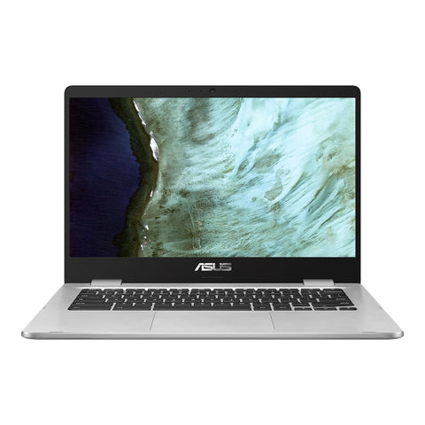 Chromebook C423NA laptop 14 inch in zilver, opengeklapt met beeldscherm en toetsenbord
