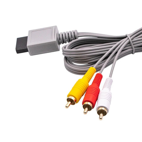 AV-kabel voor Nintendo Wii met drie tulpstekkers, grijs, close-up van de stekkers