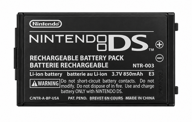 Nintendo NTR-003 accu voor Nintendo DS, zwart, voorkant met opdruk Rechargeable Battery Pack 3,7 V 850 mAh, tweedehands