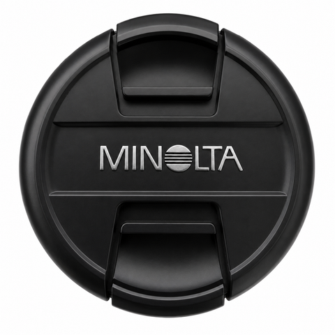Minolta lensdop 55mm, zwart met zilver Minolta-logo en knijpgrepen in het midden, voorkant