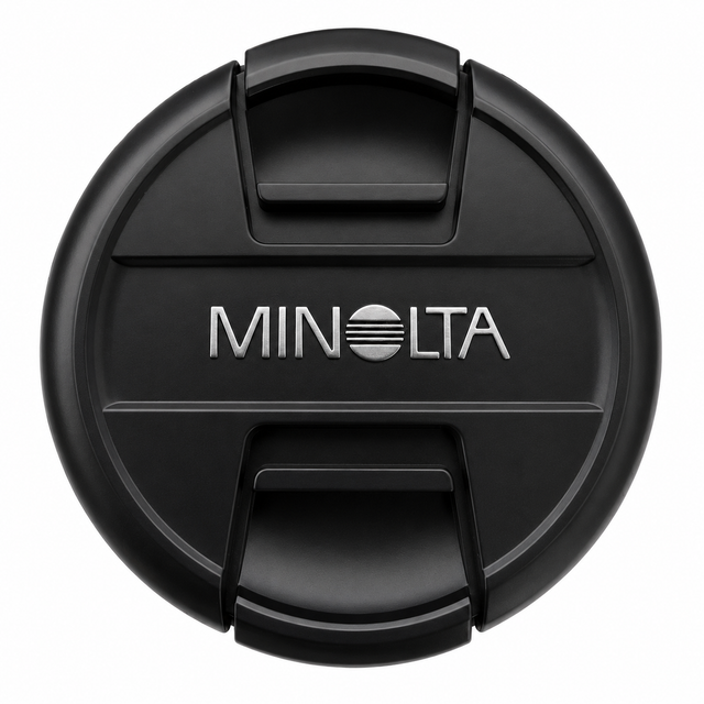 Minolta lensdop 55mm, zwart met zilver Minolta-logo en knijpgrepen in het midden, voorkant