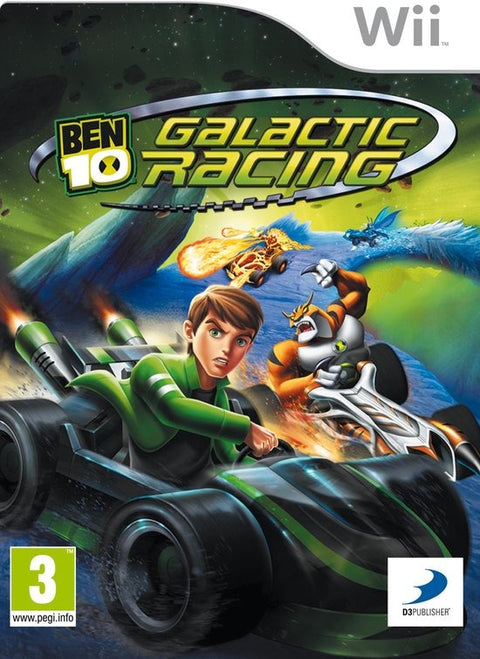 Nintendo Wii Ben 10 Galactic Racing van D3Publisher, doos voorkant met Ben in een groene racewagen, tweedehands