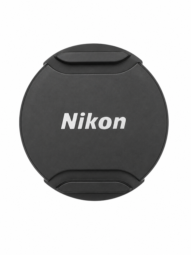 Nikon lensdop 40,5mm zwart, met zilver Nikon-logo en knijpgrepen boven en onder, voorkant