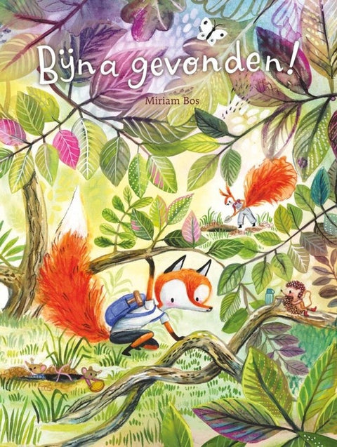 Bijna gevonden, Miriam Bos, boekomslag voorkant met getekende vos in het bos, tweedehands