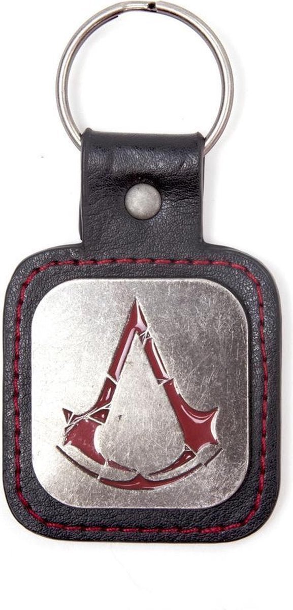 Bioworld Assassin's Creed Rogue crest metal sleutelhanger, metalen plaatje met rood logo in zwarte leren houder