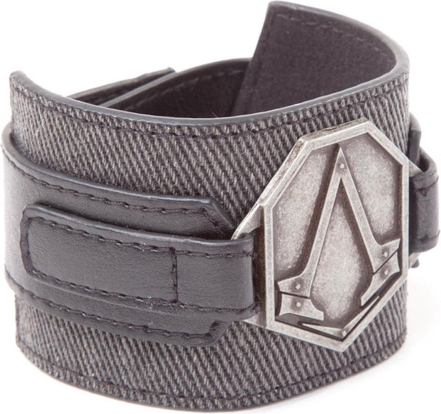 Bioworld Assassin's Creed Syndicate polsband, grijze stoffen band met metalen Syndicate-logo