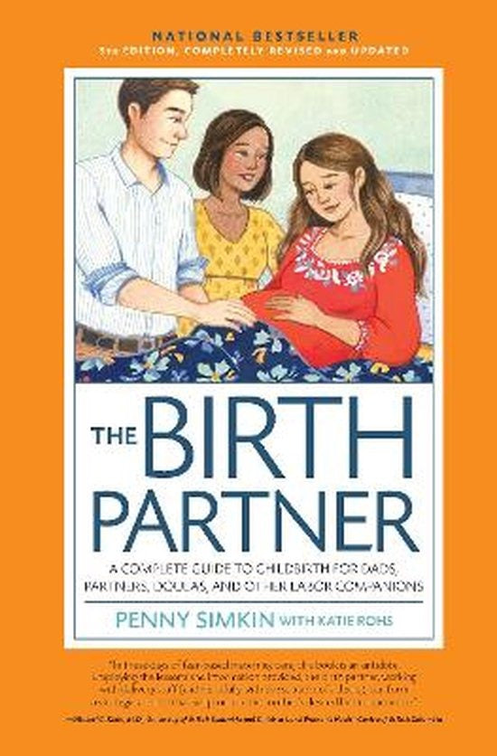 The Birth Partner, Penny Simkin, Engelstalige editie, oranje omslag met een getekende man en twee vrouwen, tweedehands