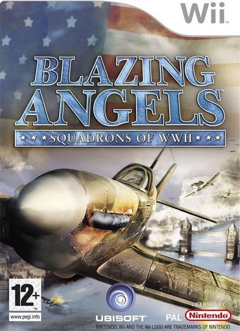 Nintendo Wii Blazing Angels Squadrons of WWII van Ubisoft, doos voorkant met gevechtsvliegtuig, tweedehands