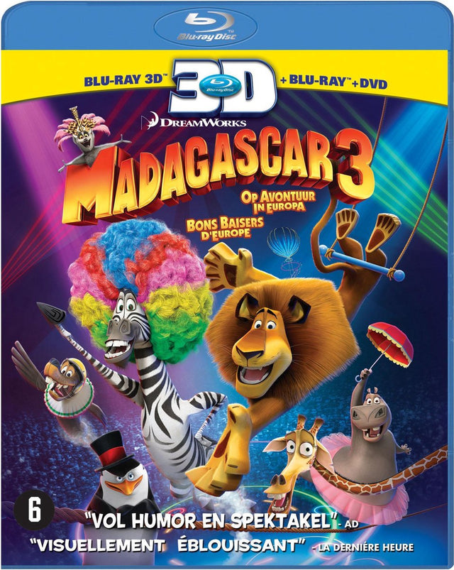 Madagascar 3 Op Avontuur in Europa Blu-ray 3D, Blu-ray en dvd, hoes voorkant met de circusdieren, tweedehands