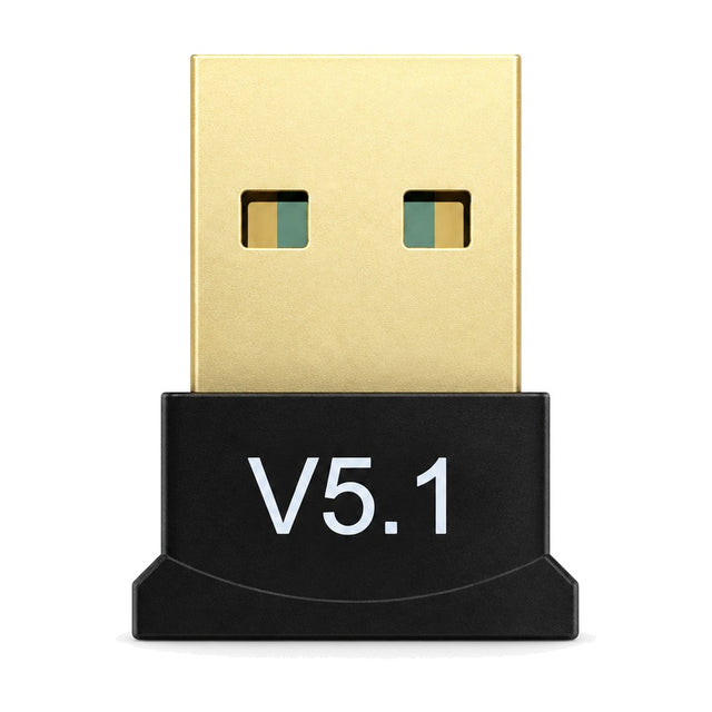 Zwarte mini Bluetooth 5.1 USB-dongle met goudkleurige USB-A-stekker en witte opdruk V5.1, vooraanzicht