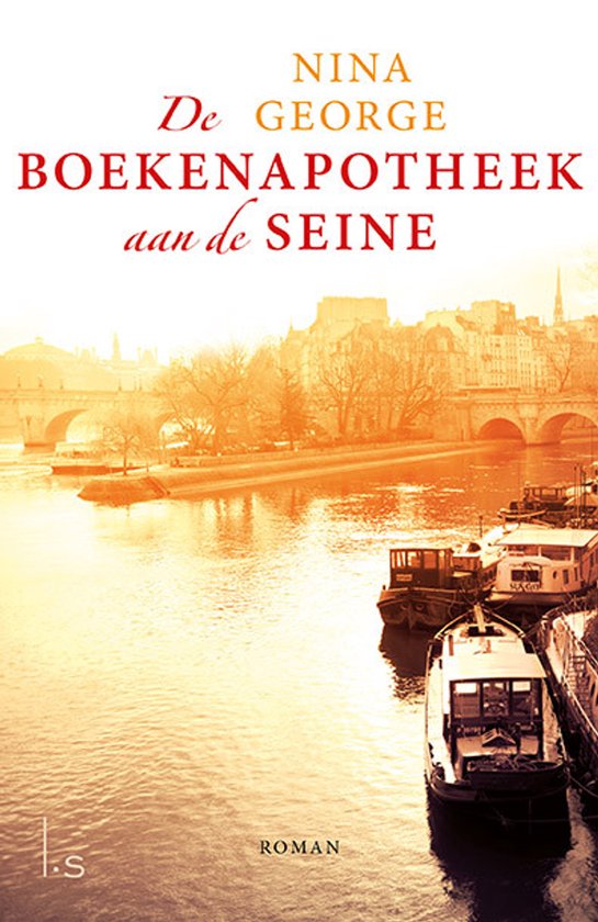 De boekenapotheek aan de Seine, Nina George, roman, omslag met woonboten op een rivier in avondzon, tweedehands