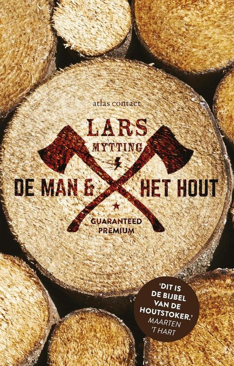 De man en het hout, Lars Mytting, omslag met houtblokken en twee bijlen, tweedehands