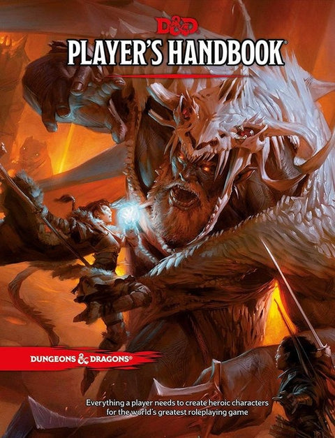 Dungeons and Dragons 5th Edition Player's Handbook, boekomslag voorkant met vuurreus en krijger, tweedehands