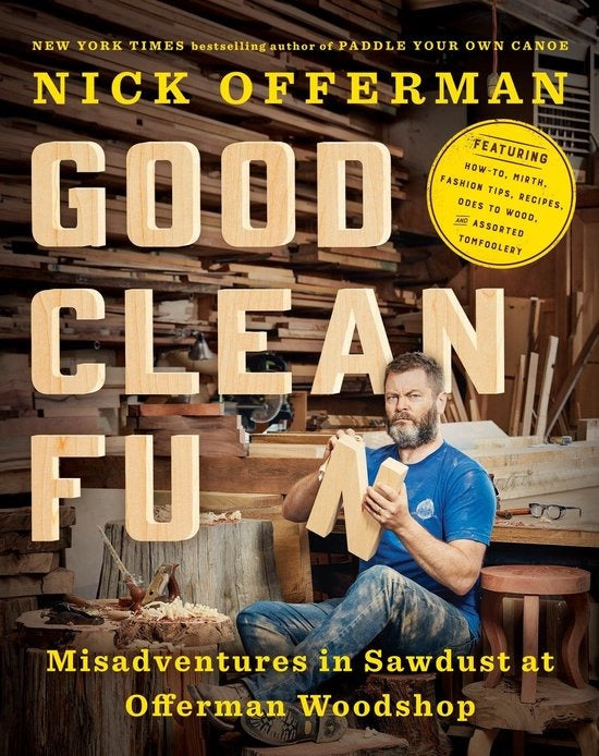 Good Clean Fun, Nick Offerman, Offerman Woodshop, boekomslag voorkant met houten letters, tweedehands