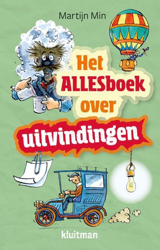 Het Allesboek over uitvindingen, Martijn Min, Kluitman, boekomslag voorkant met getekende uitvinder, tweedehands