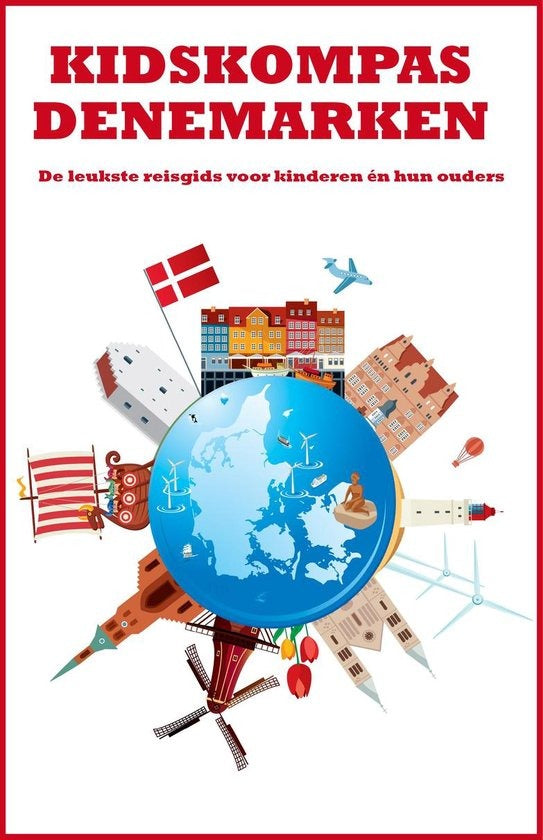 Kidskompas Denemarken, reisgids voor kinderen, boekomslag voorkant met wereldbol en Deense vlag, tweedehands