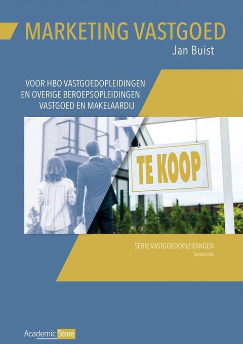 Marketing Vastgoed, Jan Buist, boekomslag voorkant met een te-koopbord bij een huis, tweedehands