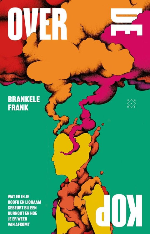Over de kop, Brankele Frank, kleurrijke boekomslag voorkant met een hoofd en rookwolken, tweedehands