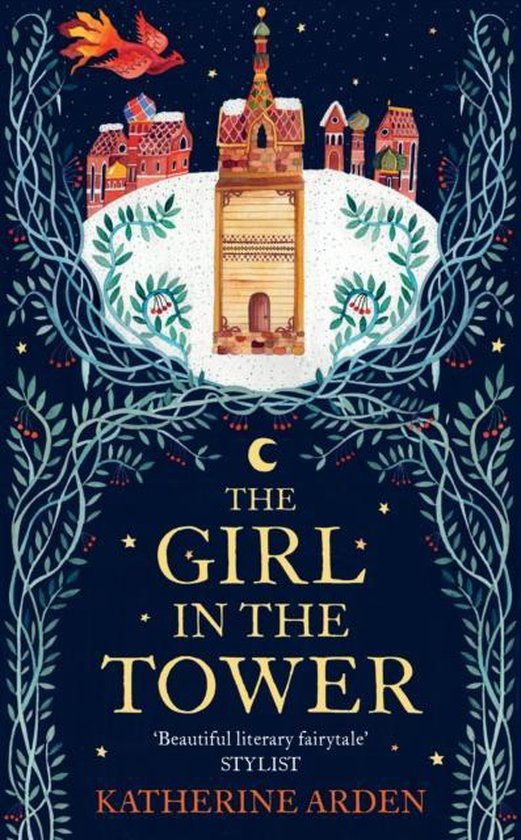 The Girl in the Tower, Katherine Arden, donkerblauwe omslag met een getekende toren en vuurvogel, tweedehands