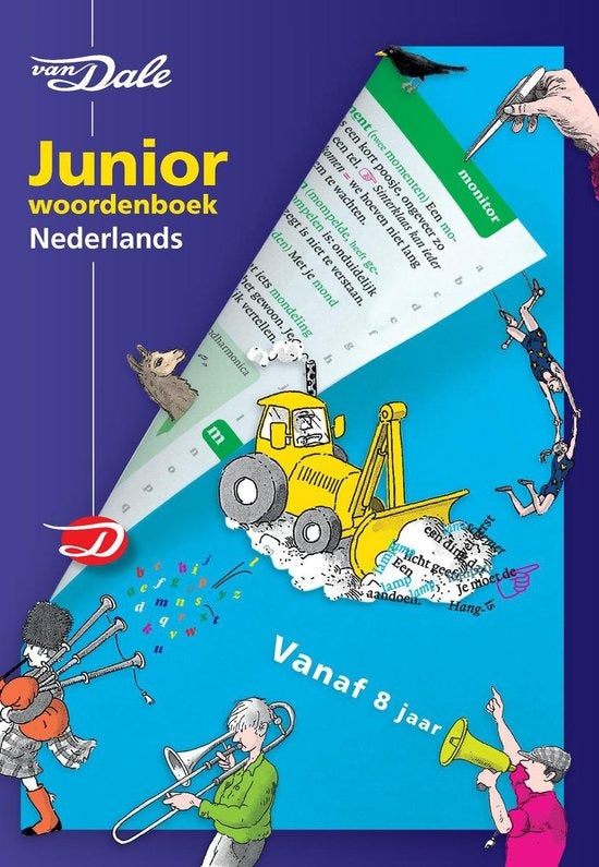 Van Dale Juniorwoordenboek Nederlands, blauwe boekomslag voorkant met tekeningen, tweedehands