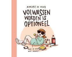 Volwassen worden is optioneel, Marloes de Vries, boekomslag voorkant met getekende vrouw met zonnebril, tweedehands