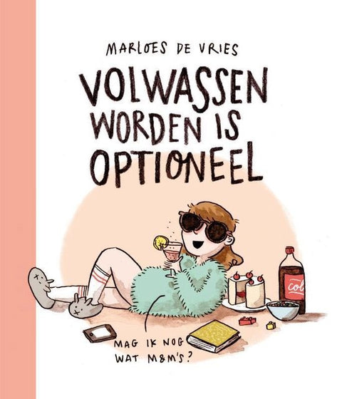 Volwassen worden is optioneel, Marloes de Vries, boekomslag voorkant met getekende vrouw met zonnebril, tweedehands