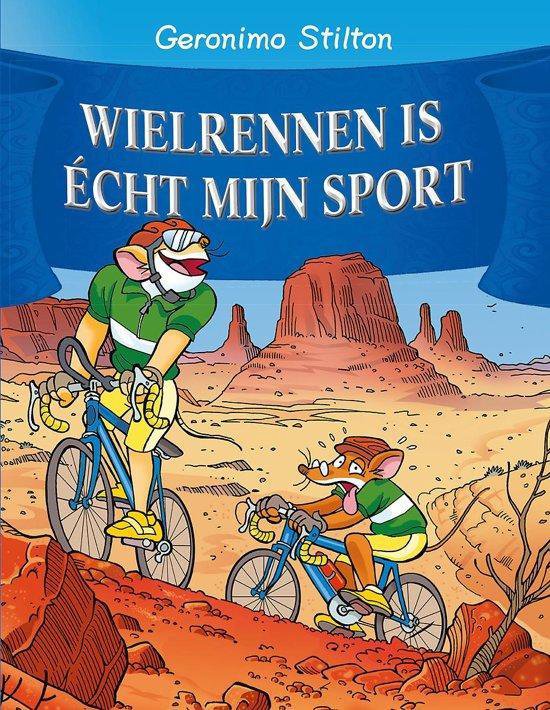 Wielrennen is écht mijn sport!, Geronimo Stilton, omslag met fietsende muizen in de woestijn, tweedehands