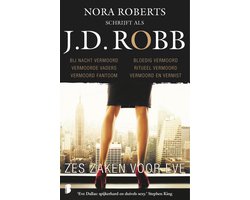 Zes zaken voor Eve, J.D. Robb, Nora Roberts, omslag met benen van een vrouw boven een skyline, tweedehands