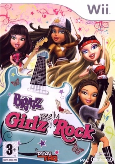 Nintendo Wii Bratz Girlz Really Rock van THQ, doos voorkant met Bratz en blauwe elektrische gitaar, tweedehands