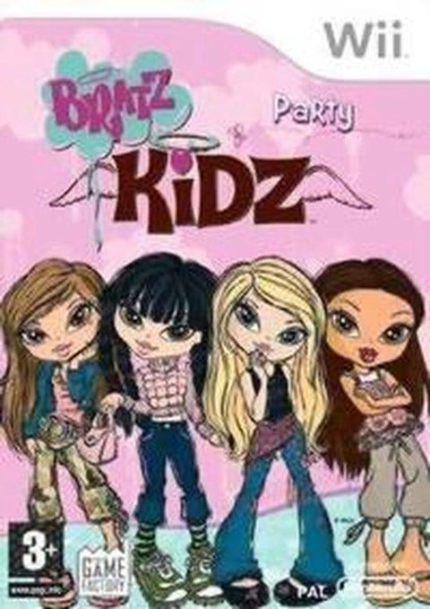 Nintendo Wii Bratz Kidz Party van The Game Factory, roze doos voorkant met vier getekende meisjes, tweedehands