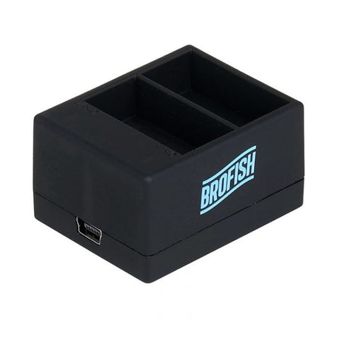 Brofish dubbele acculader voor GoPro HERO3 en HERO3+, zwart met twee sleuven en blauw Brofish-logo