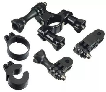 Brofish Handlebar Mount voor GoPro, overzicht van de inhoud met stuurklem, afstandsringen en adapters