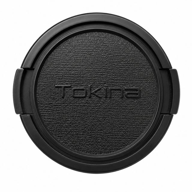 Tokina lensdop, zwart met ingeperst Tokina-logo, lederlook-structuur en klemmen aan de zijkant