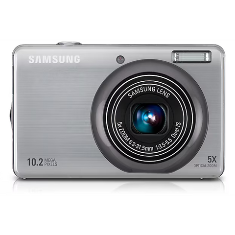 Samsung PL60 digitale compactcamera, zilver, voorkant met 5x zoomlens, tweedehands