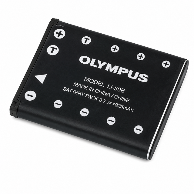 Olympus LI-50B accu 3,7V 925mAh, zwart, schuin van voren met etiket, tweedehands